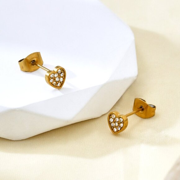 3/$35 Gold Plated Heart Stud Earrings Pave Clear Rhinestone Crystals Zirconia - Picture 7 of 8